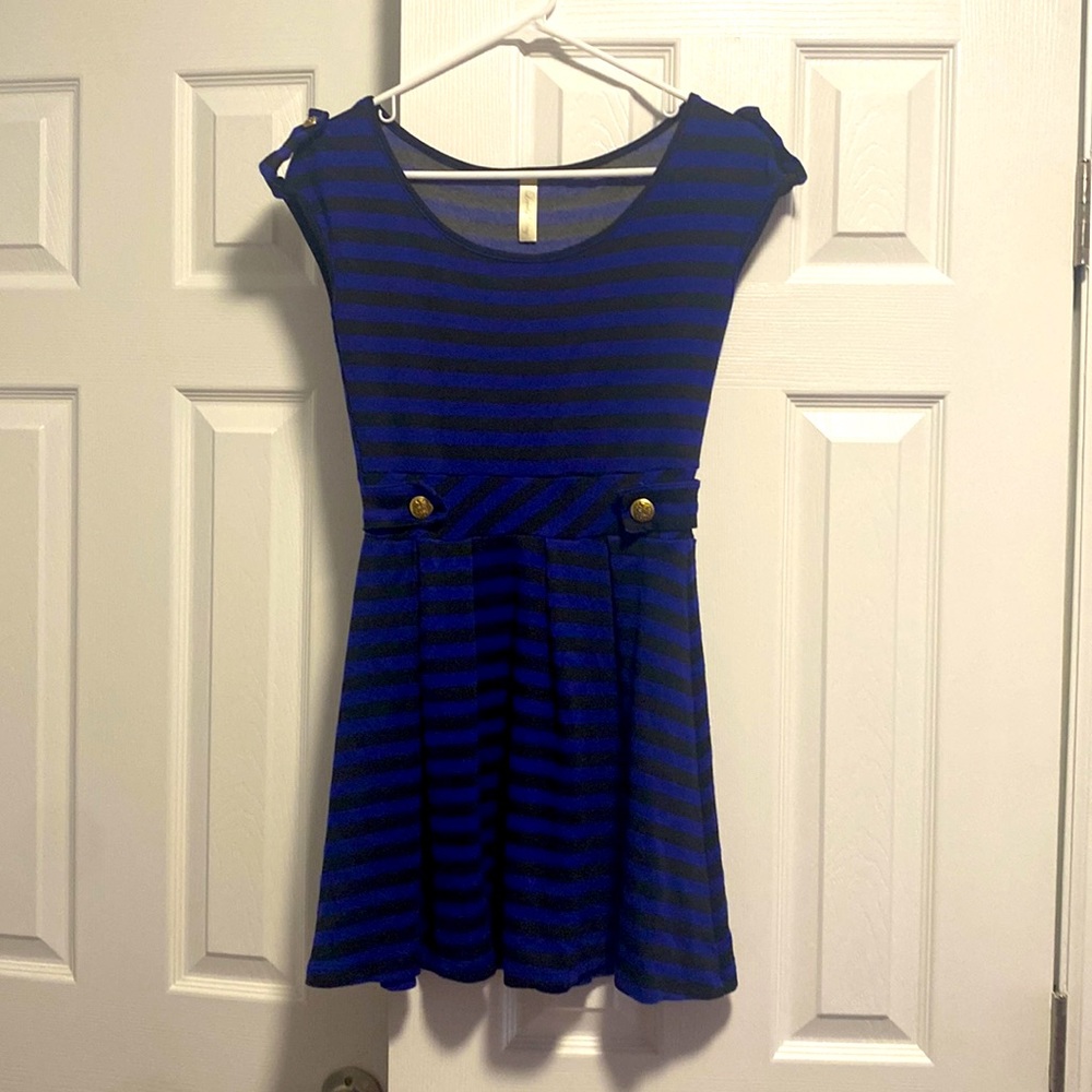 Lovely Day Women's Dress Soft Black and Blue Stripes Buttons
